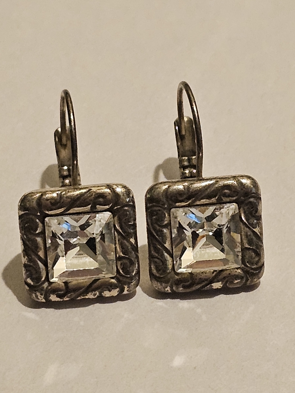 Silver-Tone Square Crystal Drop Earrings - Clear